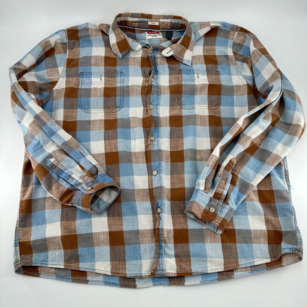 Wrangler Mens Retro Blue Brown Long Sleeve‎ Button Up Shirt Size 2XL